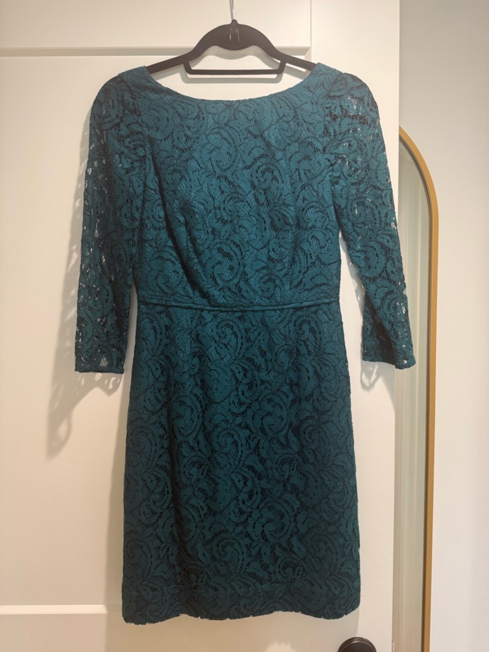J. Crew Teal Lace Sheath Dress with Three-Quarter Sleeves